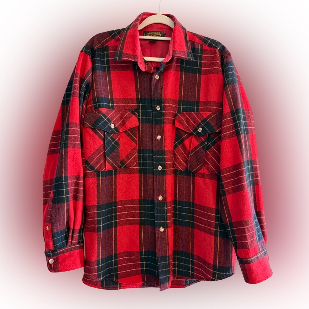 Vintage 90s Retro Eddie Bauer 100% Wool Button-Up Shacket Red Plaid Large